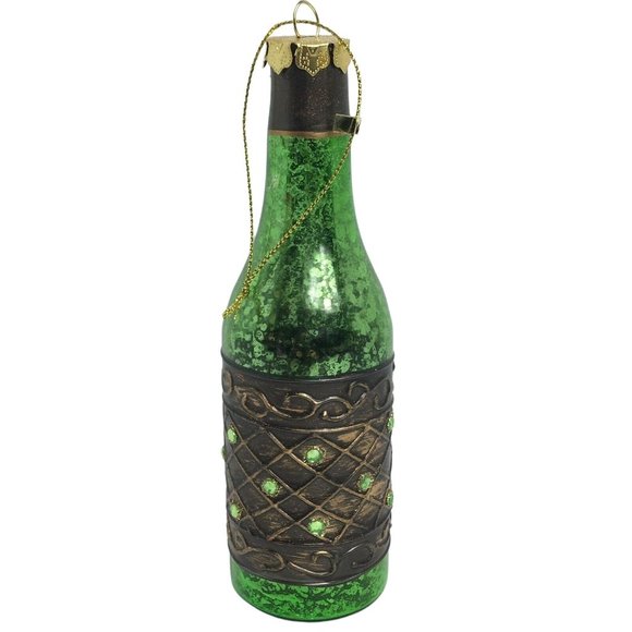 Wine Bottle Christmas Holiday Glass Ornament With Stones Green Ornate 6" Hanging - Picture 1 of 12